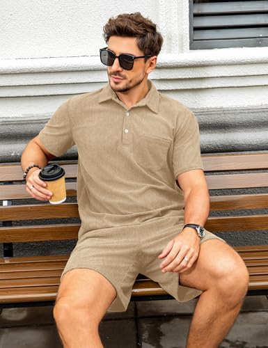 Image of ZAFUL Men's 2 Pieces Sets Outfits Summer Beach Set Short Sleeve Button Down Zip Up Shirt And Short Sets