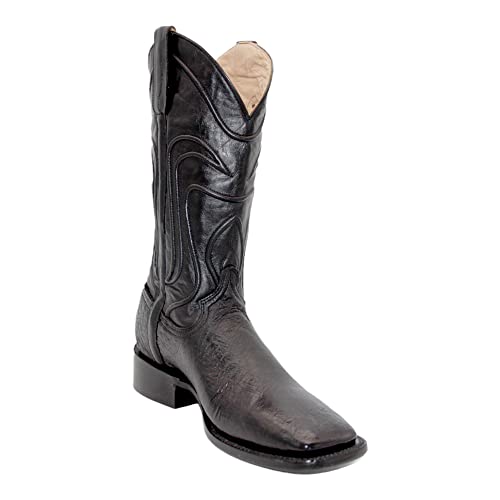 Men's Smooth Genuine Ostrich Leather Square Toe Black Cowboy Boot