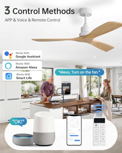 Image of Sofucor 52 Inch Smart Wood Ceiling Fan No Light, Alexa /App /Remote Control