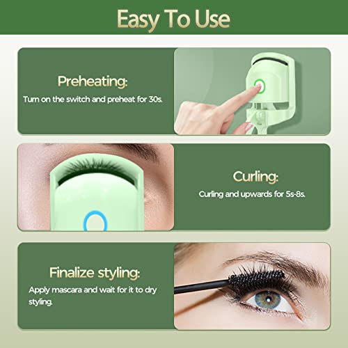 Heated Eyelash Curlers, Eyelash Curlers Heated, Rechargeable Eyelash Curler Lash Curler Heat, 2 Heating Modes Handheld Heated Lash Curler Heated Eyelash Curler For Long-Lasting Natural Lashes, Green #TOP6
