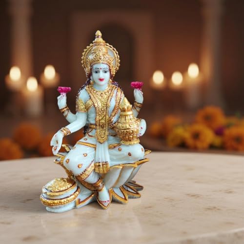 Image of YASHONIDHI Lakshmi Devi Marble Dust Idol, 7 Inches, White and Gold, Goddess Laxmi MATA Murti, for Pooja Room, for Home Decor, Office Decoration, for Good Luck and Wealth, Gift for All Occasions