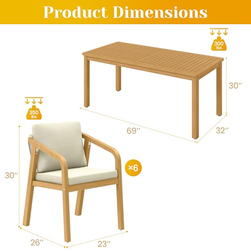 7-Piece Outdoor Dining Set for 6 with 23\" Extra Wide Chair and Cushion,Patio Table and Chairs Set with All Acacia Wood Frame, All-Weather PE Rattan Outdoor Patio Furniture Set for Lawn Garden, Beige