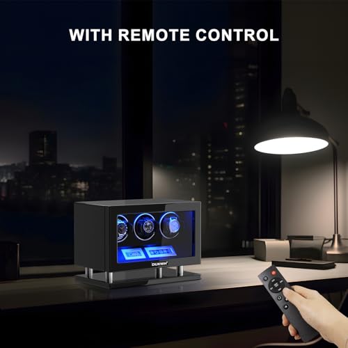 DUKWIN Watch Winder for 3 Automatic Watches,Fingerprint Lock Watch Winders with LCD Touchscreen, Blue LED Light, Remote Control,Adjustable Pillow and Quiet Motor for Universal Watches, 5TPD