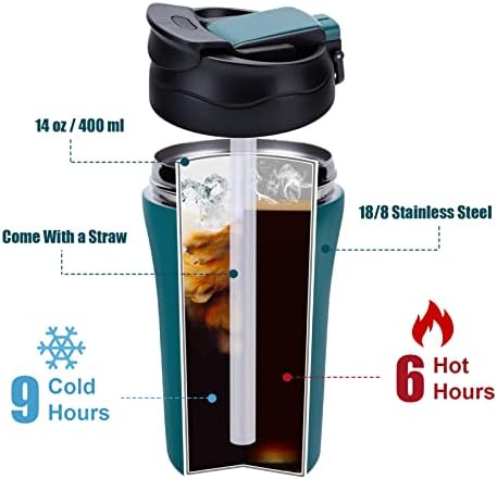 Coffee Cup, Travel Coffee Mug 400ml x 2 Pack, Vacuum Insulated Stainless Cups with Lids and Straws, Reusable Leakproof Bottle for Hot Cold Drinks, Car Thermos Gift for Men and Women, Black Green