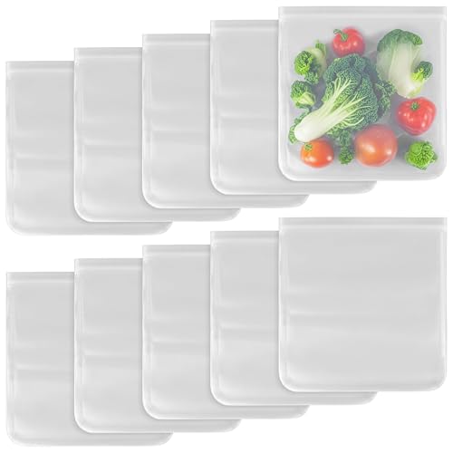 UNGFEI Paquete de 10 bolsas reutilizables para congelador, a prueba de fugas y evita sabores, bolsas de silicona con cierre hermético para marinar carnes, frutas, verduras, 27 x 28 cm