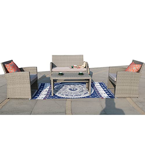 Fkslife 4 Pieces Outdoor Patio Furniture Sets With Weather Resistant Cushions Outdoor Wicker Conversation Sofa (Grey) #TOP1