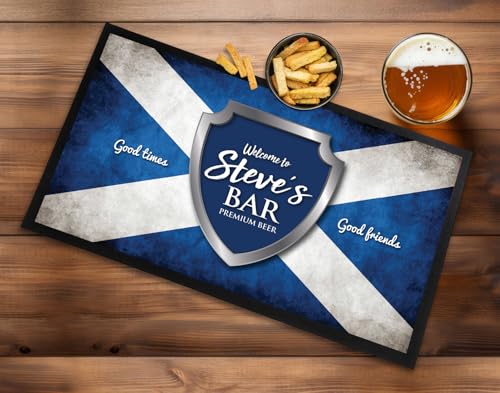Alfombrilla de bar personalizable, escudo de bandera escocesa, cualquier nombre de pub, bar de cerveza