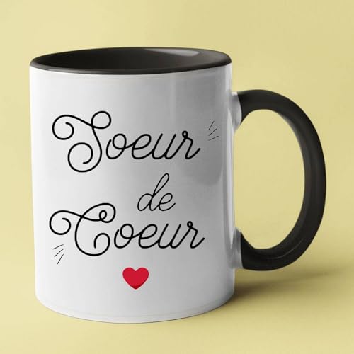 Taza personalizada Hermana de Corazón, taza de cerámica con mensaje francés y corazón rojo, blanco y negro