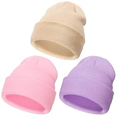 3 Pack Knit Cap: Beige, Pink, Light Purple