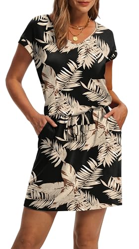 Image of OFEEFAN Summer Dresses for Women 2026 V Neck T Shirt Casual Mini Dresses Tie Waist Sundresses with Pockets