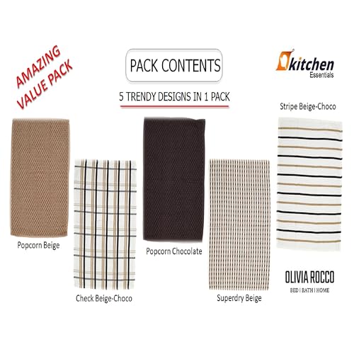 Olivia Rocco 5 Pack Terry Kitchen Tea Towels Cotton Super Absorbent Quick Drying Soft Towel Cloth, Natural - 3