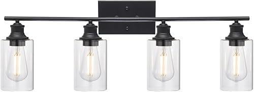 Wanluce 4 luces para tocador de baño, accesorios de iluminación sobre el espejo, moderna luz de granja negra mate con forma de vidrio cilíndrico