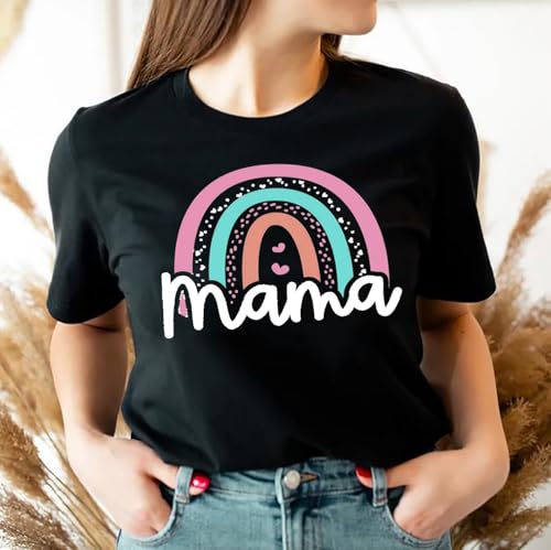 Image of Mama and Mini Rainbow Graphic Tees Mommy and Me Matching Shirts Tops Casual Short Sleeve Mother and Daughter T Shirt