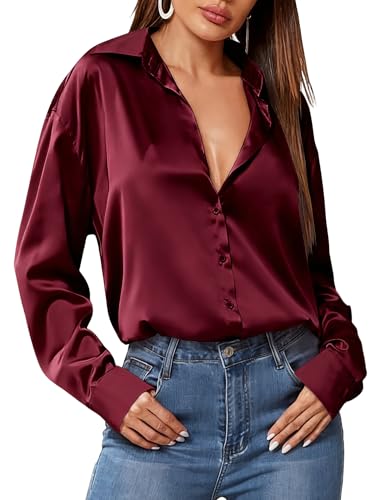 HOTOUCH Women Satin Silk Button Down Shirt Ladies Long Sleeve Tops V Neck Loose Blouse Dressy Business Casual Work Tunic Fall