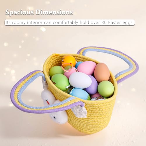 Image of Exun Easter Bunny Basket for Kids, Cute Cotton Tote Bag Hand-Woven Handbag with Rainbow Handles, Easter Egg Hunt Basket Bags for Boys, Girls, Toddler, Babies, Eastergift basket Personalized (Yellow)
