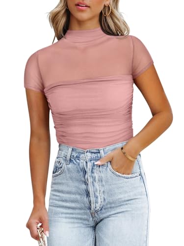 Image of REORIA Women's Sexy Mock Turtle Neck Short Sleeve Shirts Sheer Mesh Ruched Trendy Going Out Bodysuits Tops