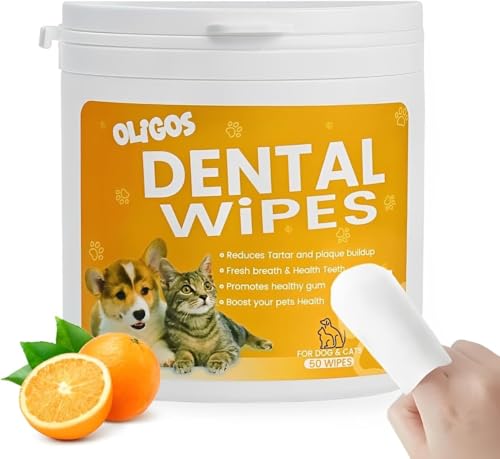 Oligos 50 Pcs Dog Dental Wipes Pet Dental Finger Wipes for Dogs & Cats, Finger Toothbrush for Dogs, Reduces Plaque & Tartar, Freshens Pet Breath
