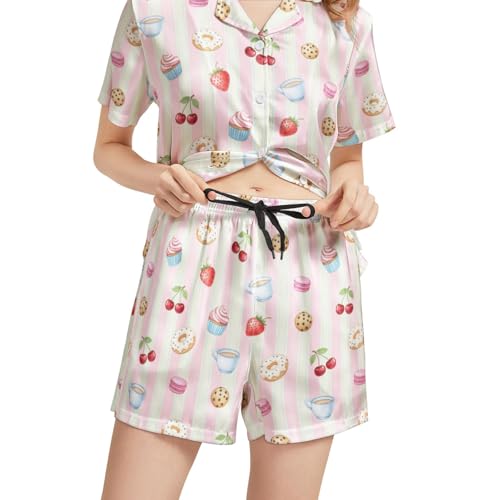 Image of Silk Satin Pajama Set for Women Summer Lounge Pjs Sets 2 Piece Suit Ladies Button Down Tops And Shorts Sleepwear