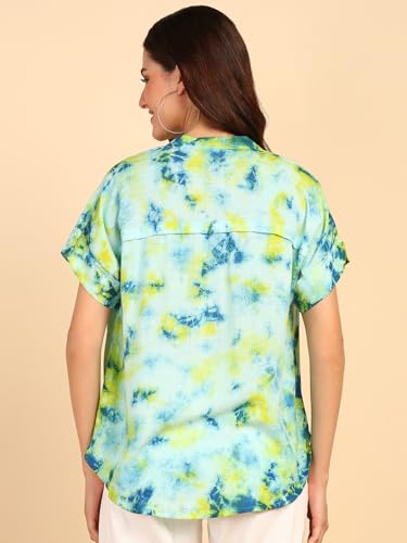 Image of Maaesa Women Handmade Regular Fit Tie-Dye Rayon Top | Casual Wear & Office Wear | Short Sleeve | Mandarin Neck | Lightweight & Breathable Fabric