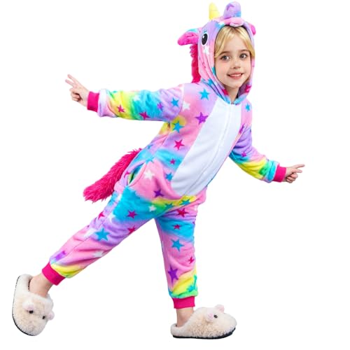 Onesie Einhorn Kostüm Schlafanzug- Einhorn Onesie Kostüm Kinder mit Kapuze, Tier Jumpsuit Hoodie KostüM Kind Cosplay Karneval Halloween Pyjama...