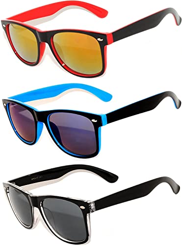 OWL Retro 80's 2 Tone Frame Vintage Sunglasses Full Mirror Lens 3 Pack