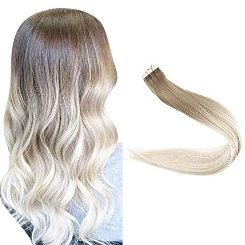 Full Shine Tape in Hair Salon Quality Real Human Hair Straight Brazilian Hair Color 8 Ash Brown Fading to 18 Ash Blond Fading to 60 Blonde 20 Inch 50g 20 Pcs