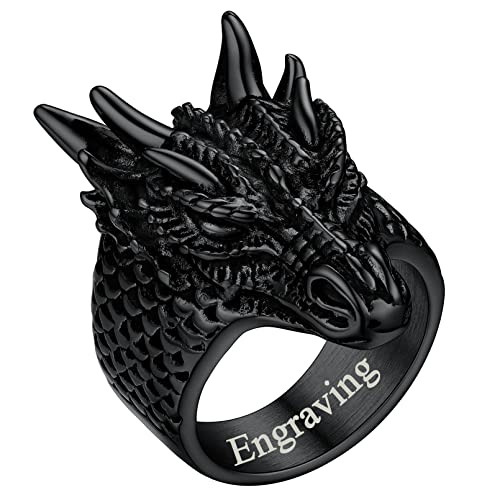 FaithHeart Norse Viking Jewelry Mens Stainless Steel Vikings Thor's Hammer/Wolf Head Ring Valknut Warrior's Gothic Jewelry-Personalized Engrave 01. Thor Hammer-Black 7