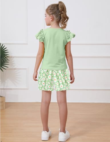 Image of mksodop Girls outfits 2-Piece ruffled short sleeve butterfly floral print high waist floral shorts girls summer clothes