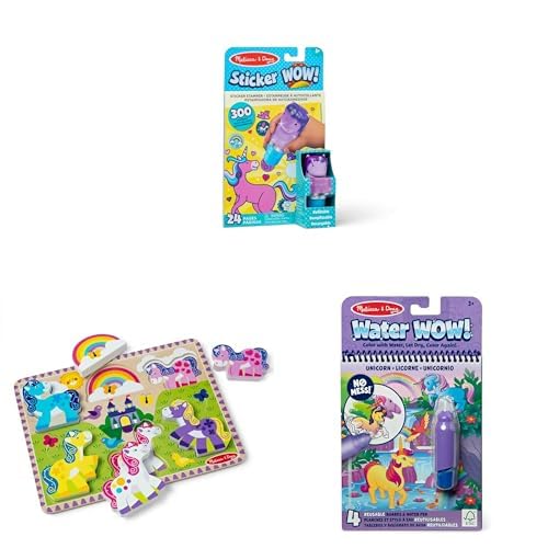 Image of Melissa & Doug Unicorn Activity Bundle - Sticker Wow! Stamper with 300 Stickers & 24-Page Pad, 6-Piece Wooden Puzzle, and Water Wow! Reusable Water-Reveal Coloring Pad