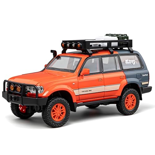 Image of Tivota Land Cruiser LC80 1:24 Diecast Metal Car - Openable Doors, Sound&Light, Pull Back Action,Collectible Toy Car for Kids - Durable & Realistic Model Collectors (Orange-Grey)