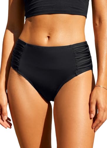 Tempt Me Women Black Bikini Bottoms Mid Waist Ruched Bathing Suit Swimsuit Full Coverage Swim Bottom M