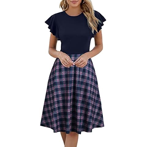 HELYO Women's Semi-Formal Ruffle Sleeves V-Back Work Fit and Flare Cocktail Wedding Guest Dress with Pockets 842, Navy Plaid, Large Cover