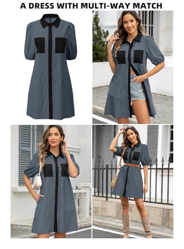 Image of AlvaQ Women Dress Summer 2025 Casual V Neck Short Sleeve Button Down Striped Tunic Dresses with Pockets