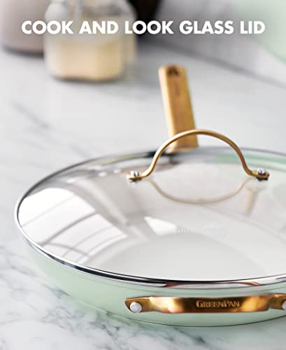 Greenpan Reserve Hard Anodized Healthy Ceramic Nonstick 12" Frying Pan Skillet With Helper Handle And Lid, Gold Handle, Pfas-Free, Dishwasher Safe, Oven Safe, Julep Green #TOP3