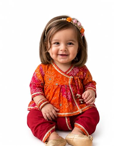 Kids ethnic wear girls bandhej printed baby dhoti kurta set tradi...