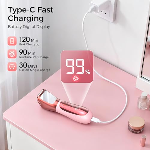 Image of Bikini Trimmer for Women, 2 in 1 Electric Razors Shaver, IPX7 Waterproof Body Hair Trimmer with Mirror, LED Light & Display, Painless Pubic Hair Removal, Pink