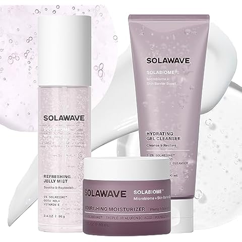SolaWave Microbiome + Skin Barrier Skincare Bundle (Cleanser, Jelly Mist & Moisturizer) with Hyaluronic Acid, Probiotics, Solabiome, Pro Vitamin B5, Gota Kula, Vitamin E Antioxidants Cover