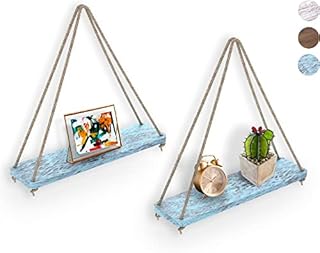 Rustic Set of 2 Wooden Floating Shelves with String  Farmhouse Hanging Shelves for Living Room Wall  Small Kitchen Shelves with Rope  13,10cm x 42cm  Distressed, Rustic Blue Color