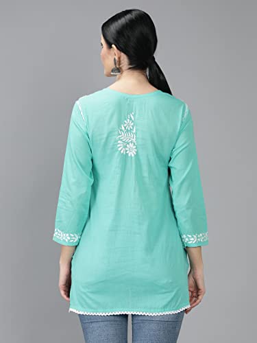 Image of Seva Chikan Hand Embroidered Lucknowi Chikankari Cotton Short Top Tunic for Women SCL9017