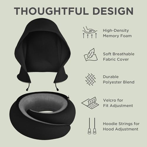 Image of Dot&Dot Travel Pillow Neck Pillow with Hood for Airplane Sleeping, Memory Foam Pillow with Chin Support, Detachable Hoodie, Washable Cover, Adjustable Velcro Fit for Flights, Car & Office