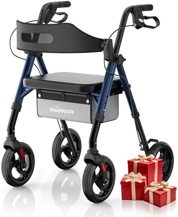 Rollator Faltbar und Leicht mit Sitz, Rollator Schmal für Wohnung, Rollatoren für Senioren mit höhenverstellbar Sitz und Griff, Gehwagen leicht klappbar mit Bremse, 8" All-Terrain