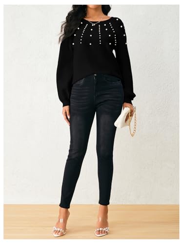 Image of Verdusa Women's Pearl Pullover Sweaters Long Sleeve Round Neck Cute Dressy Casual Knitted Sweater