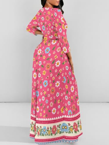 Image of Women Plus Size Long Sleeve V Neck Maxi Dress with Belt | Soft fabric relaxed fit three quarter sleeve v neck with pockets for party and daily wear