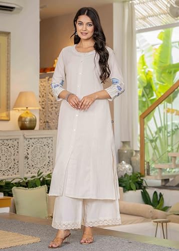Image of Pistaa's Women Cotton Elegant Off-White Floral Embroidered Sleeves Kurta Palazzo Set
