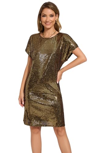 Image of Women's Crewneck Sequin Shift Dress Short Sleeve Casual Holiday Sparkly Party Dress