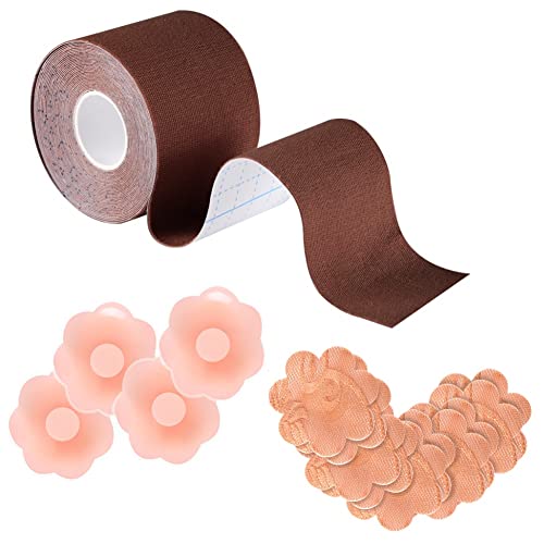 Sixome Klebe BH Push Up Set, Bruststraffungsband BH mit 5 Paar Nippel abdeckungen Brüste und 1 Paar Trägerloser BH - Damen BH Klebend, Boob Tape für CupA-H (Kaffee) Cover