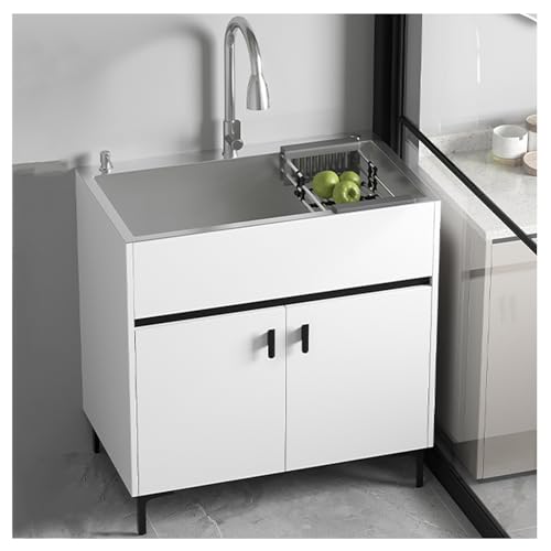 1 mueble para fregadero de cocina con diseño extraíble dispensador de jabón y cesta retráctil, almacenamiento que ahorra espacio (blanco, 19.7 x 15.7 x 30.3 pulgadas), ideal para baños