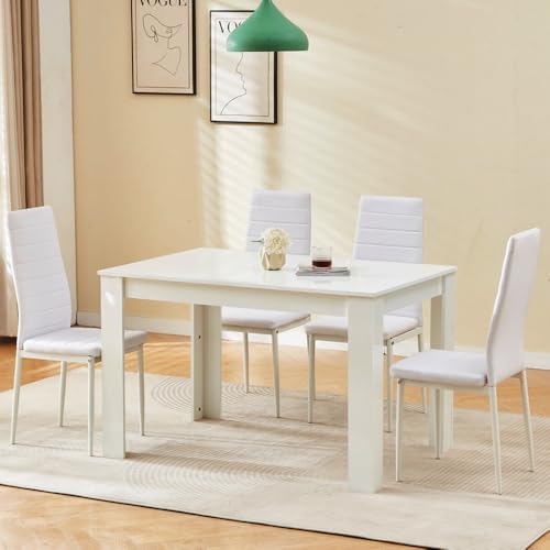 Homullel 5 Piece Dining Room Table and Chairs Set for Dining Room, Modern 120cm White High Gloss Dining Table with 4 White Leather Chairs for Family Dinner Set Space Saving
