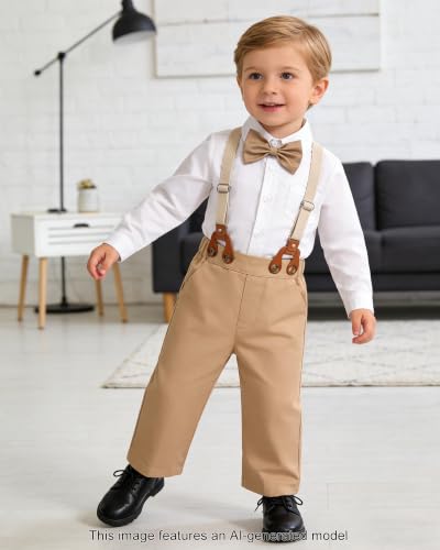 Image of SANGTREE Baby Suits for Boys Gentleman Wedding Outfits Long Sleeve Dress Shirt Suspender Pants Bowtie Boy Clothes Set, 1-6T