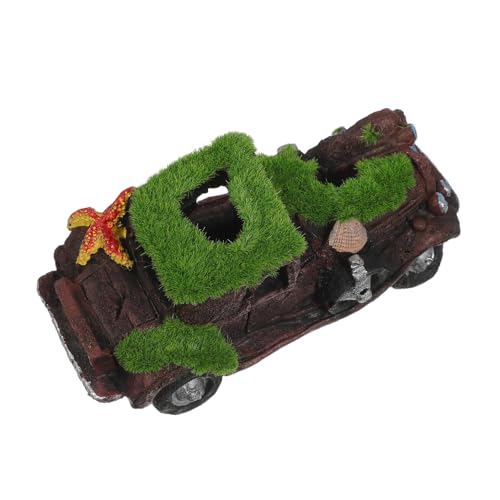 SOIMISS Adorno de Resina para Acuario Coche Naufragio con Musgo Artificial 14.3x6.6x6.1 Cm Decoración Temática para Peceras Pequeñas Accesorios Decorativos para Peces Bettas y Camarones